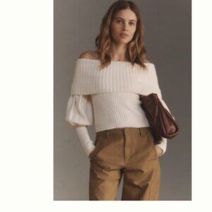 Anthropologie Off-Shoulder Ribbed Sweater in Cream